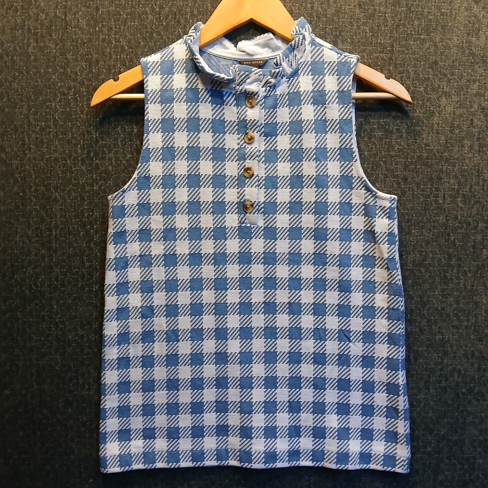 Ann Taylor Blue White Gingham Ruffle Neck Sleeveless Knit Top XXS NWOT